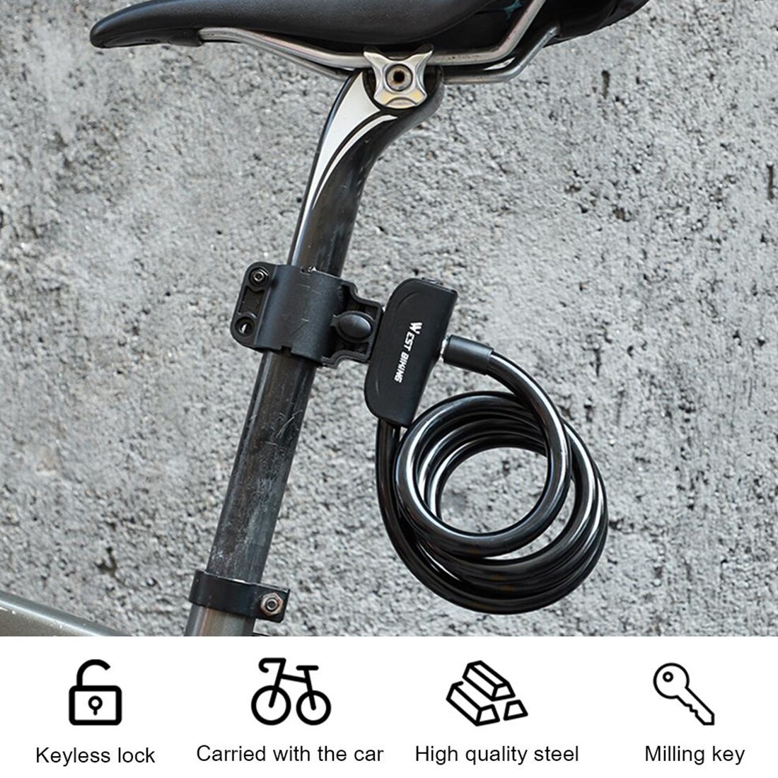 1.2M Bicycle Steel Lock PVC Cable Anti-theft Riding Lock Portable Lengthened Bold Mountain Bike Bike Lock