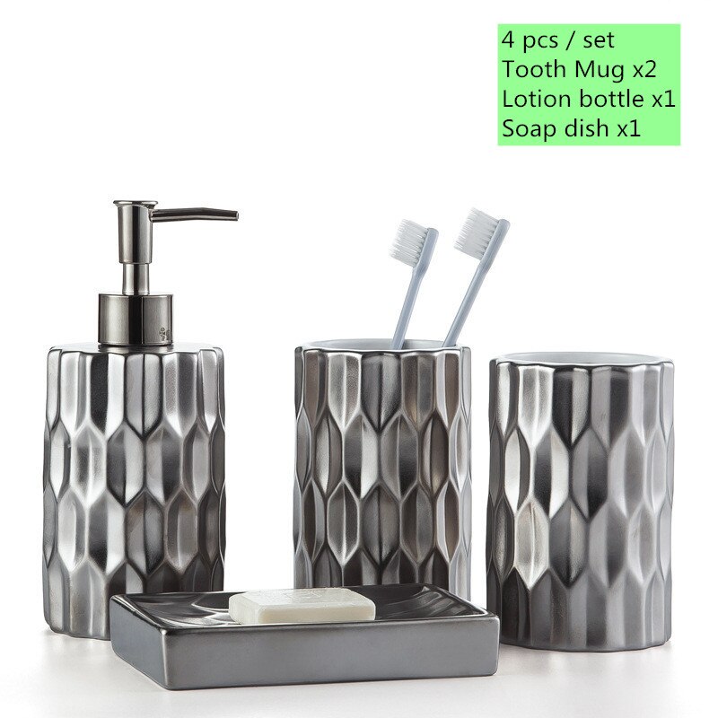 Creativity Silver plated Four piece set ceramic bathroom kit cup soap dispenser soap dish home hotel bathroom washing set: Default Title