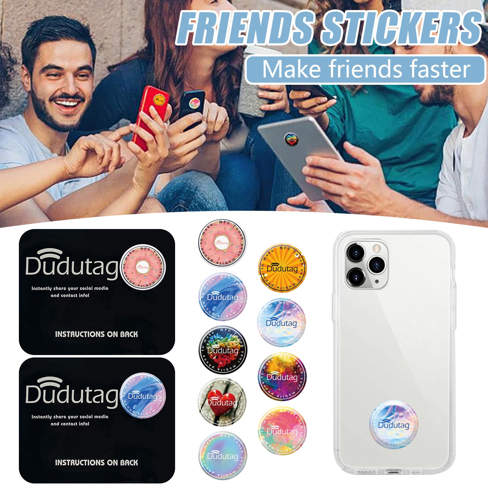 Dudutag-pegatinas inteligentes de un clic para tarjetas de negocios, parches digitales para citas, compatibles con dispositivos IOS y Android