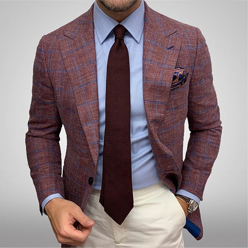 Men Clothing Men&#39;s Plaid Lapel Long-sleeved Suit Jacket European American Style Male Business Suits