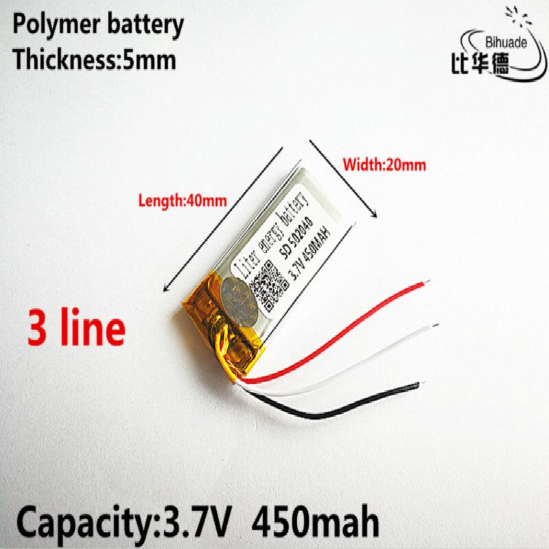 3 lijn Goede Qulity 3.7 V, 450 mAH, 502040 lithium Polymeer ion/Li-Ion batterij voor SPEELGOED, POWER BANK, GPS, mp3, mp4