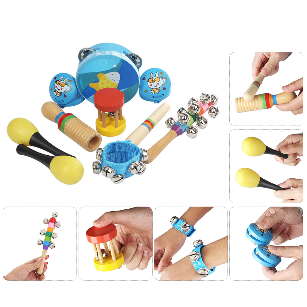 10 stk/sæt tamburin maracas kastanjetter håndklokker guiro sæt percussion instrument band rytme kit til børn musiklegetøj: Blå
