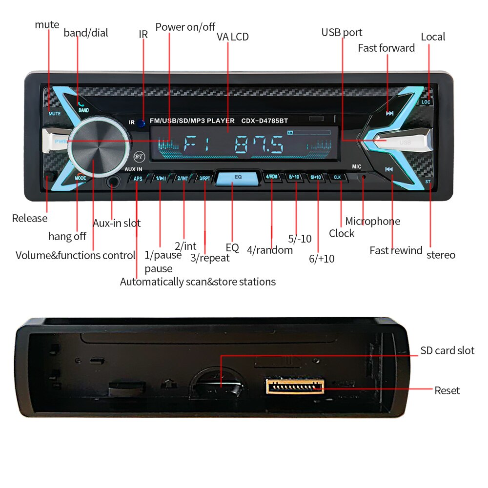 Bluetooth extraíble Panel desmontable Autoradio Bluetooth Radio de coche Auto FM RDS Audio estéreo USB SD reproductor de ISO 7 colores de iluminación
