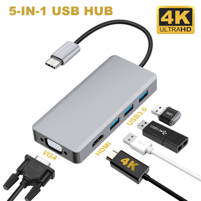 Usb C Hub 5-In-1 Usb C Hdmi Vga Dual-Display Adapter Met Usb 3.0*3 Hdmi 4K Vga 1080P @ 60Hz Thunderbolt 3 Type C Hub Voor Macbook