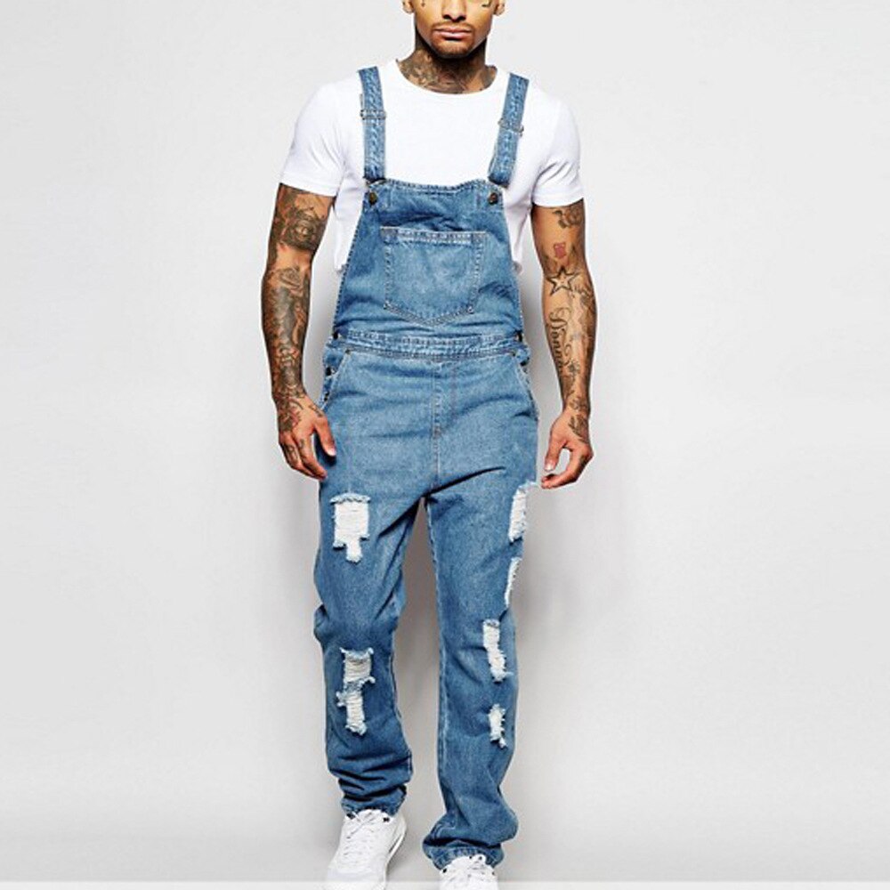 Denim Men Overalls Jumpsuits Streetwear Female Casual Jeans Washed Ripped Hole Pocket Loose Straight Pants Trousers Modis H40: XXL