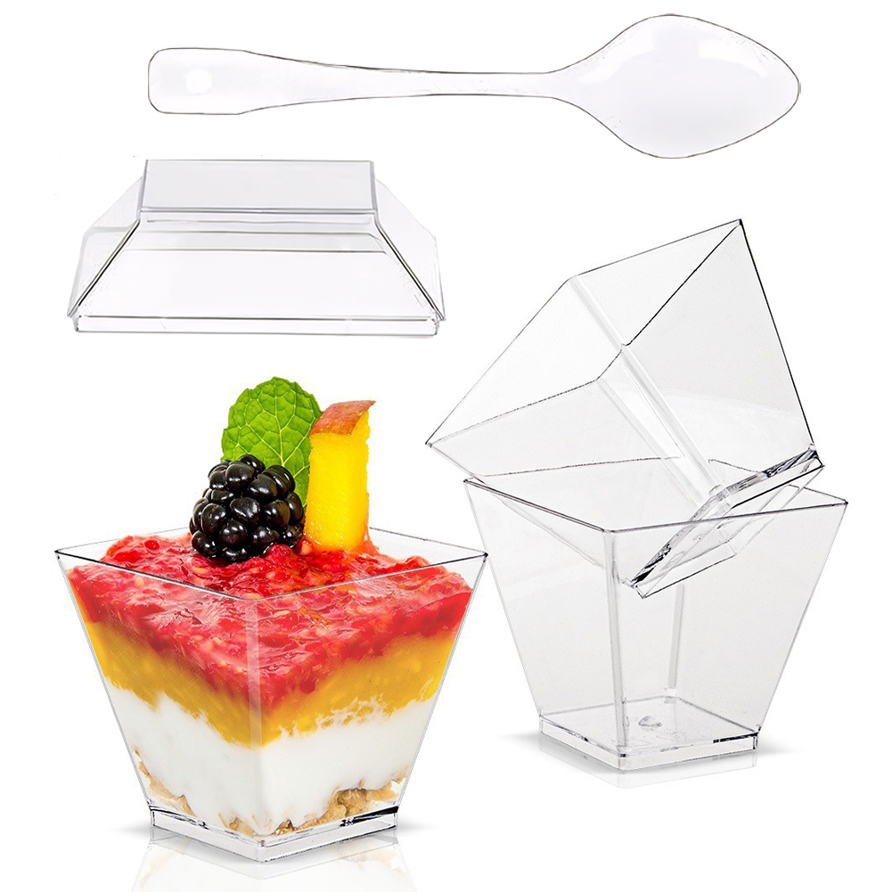 50/100 Pack Plastic Dessert Cups Square Clear Yogurt Parfait Cups Parfait Cups for Fruit Pudding Mousse Ice Cream Party Wedding