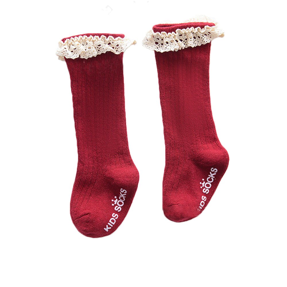 Baby Meisjes Sokken Peuters Meisjes Grote Boog Knie Hoge Lange Zachte Katoenen Kant Babysokjes Strik 100% Katoen sokken: Lace Burgundy / S   0-2T