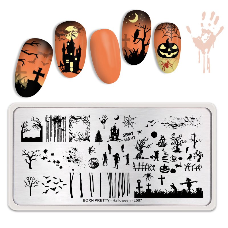 Født pen stempling plater blomster gresskar lykt flaggermus bland bilde rektangel rustfritt stål neglekunst mal halloween tema: Halloween -l007