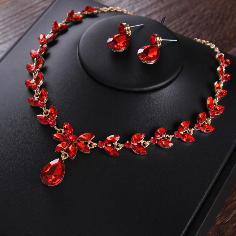 Baroque Vintage Gold Red Crystal Bridal Jewelry Sets Rhinestone Tiaras Crown Necklace Earrings Wedding African Beads Jewelry Set: 2Pcs Jewelry Set