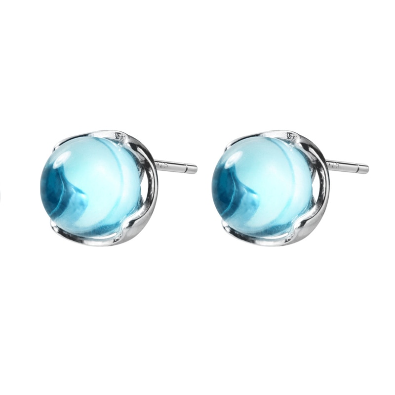 MloveAcc Real 100% 925 Sterling Silver Stud Earrings for Women Blue Crystal Bubble Ear Stud