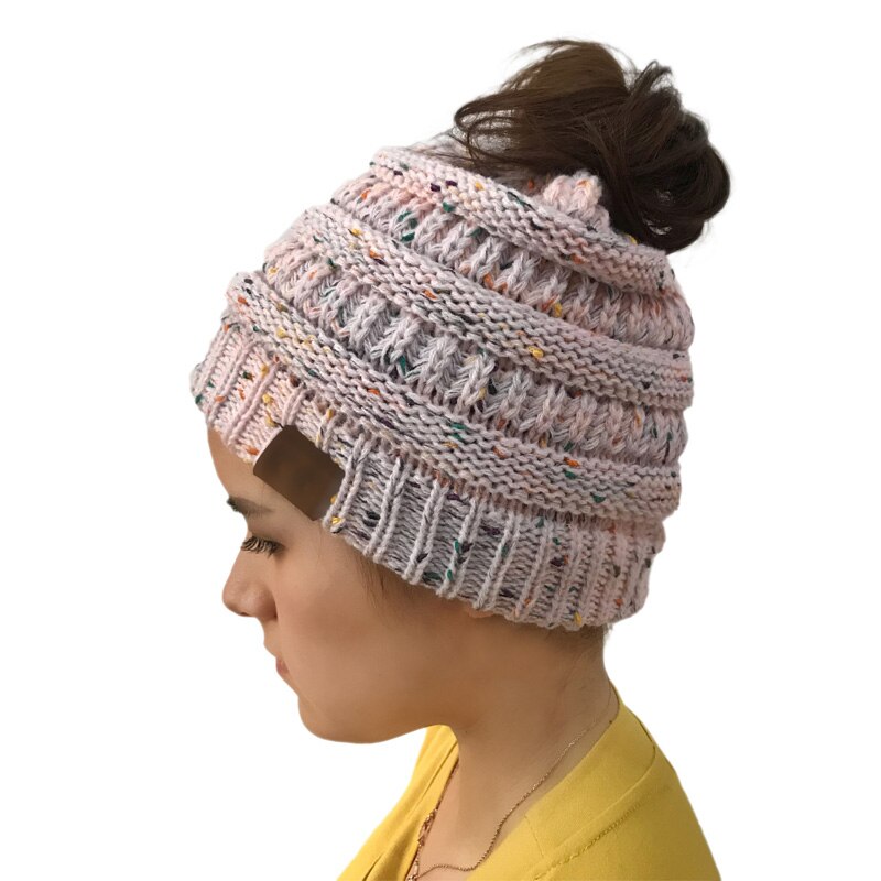 Doitbest Winter Female Ball Cap Top Hole Hat For Women Girls Hat Knitted Beanies Cap Hat Thick Womens lady Skullies knit Beanies: Pink