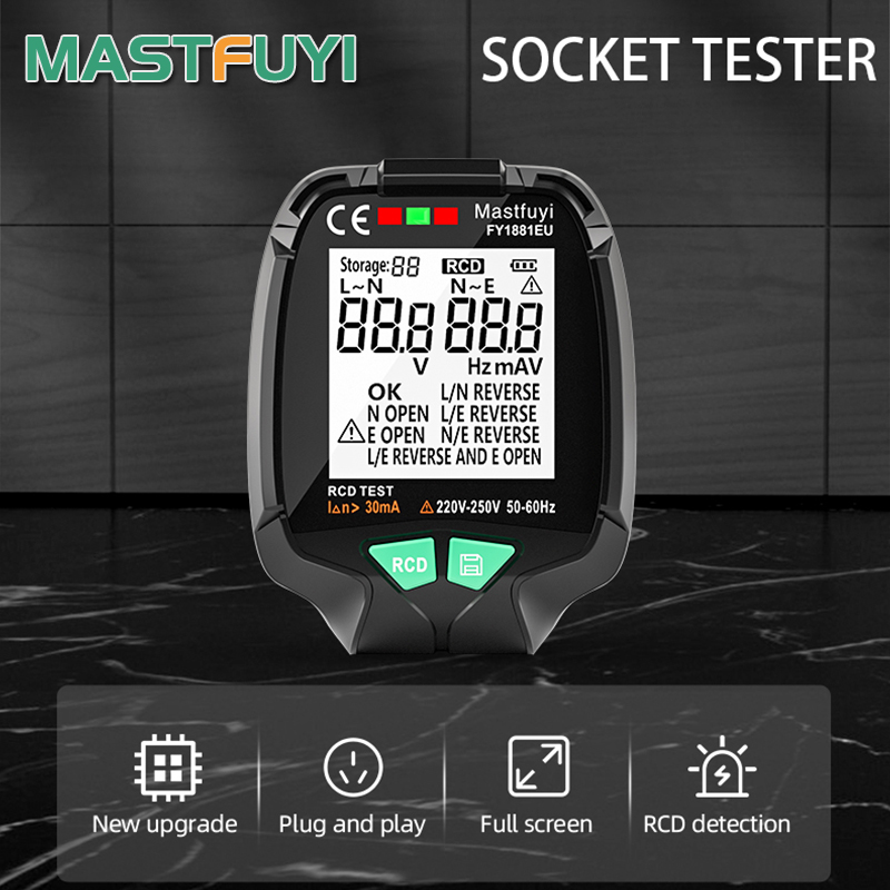 Full Screen Socket Tester 30V-250V RCD Test High-precision Power Supply Polarity Phase Detector Earth Leakage Detector EU/US/UK