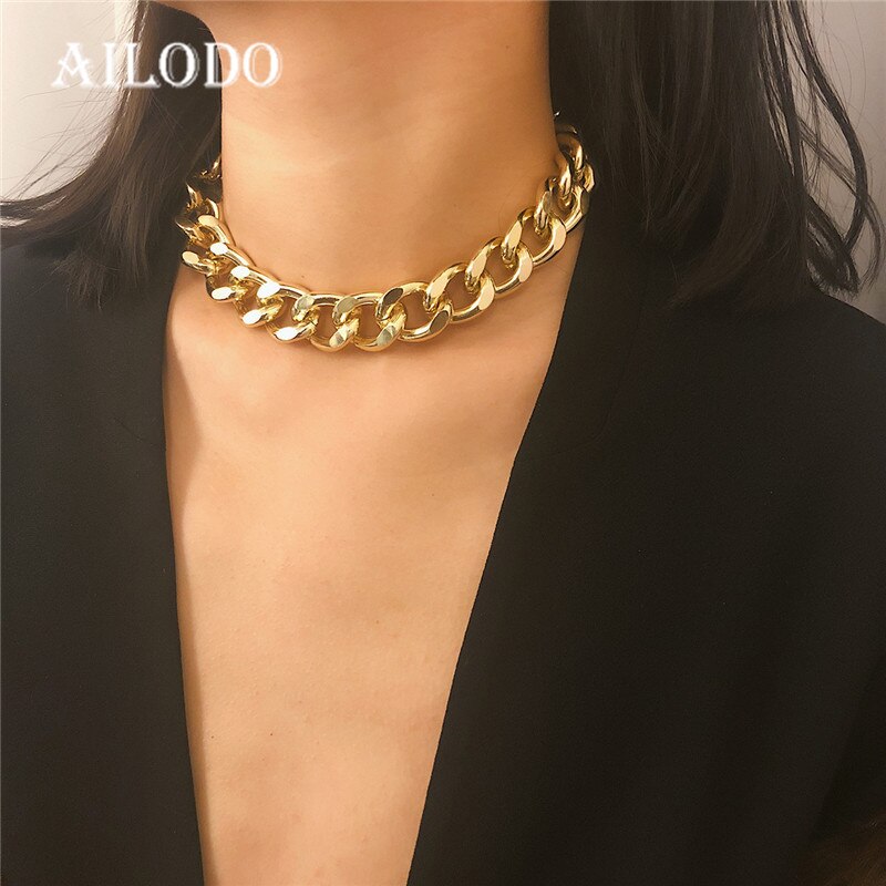 Ailodo-collar cadena cubana Punk para mujer, gargantilla de Color dorado y plateado, joya llamativa para , joyería para niña, 20JUN87