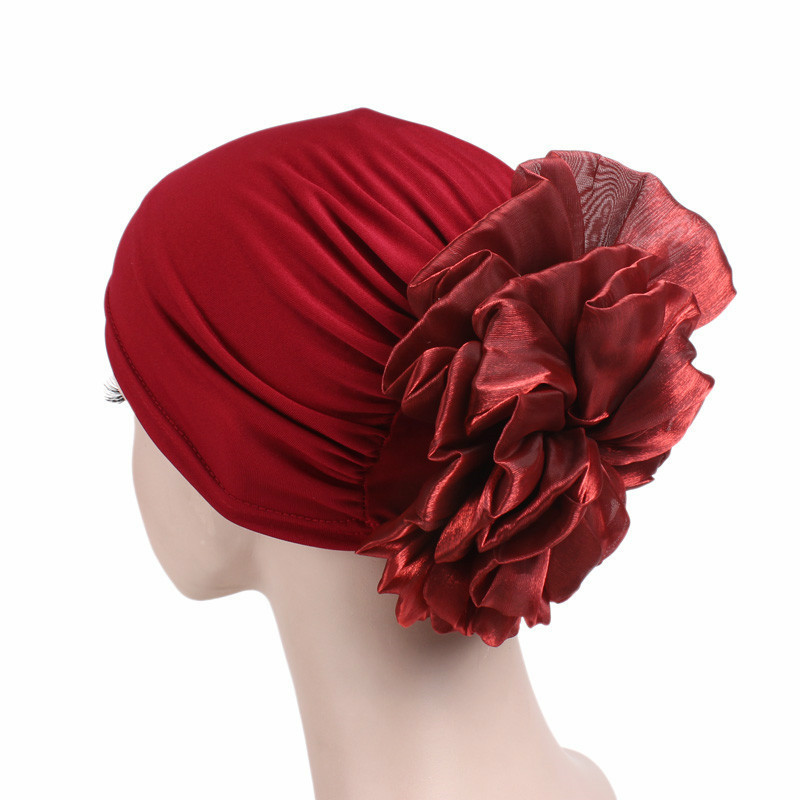 Grote Bloem Vrouwen Tulband Hoed Moslim Hoofddoek Stapel Hoop Cap Vrouwen Zachte Comfortabele Hijab Caps Islamitische Chemotherapie Hoed: Rood
