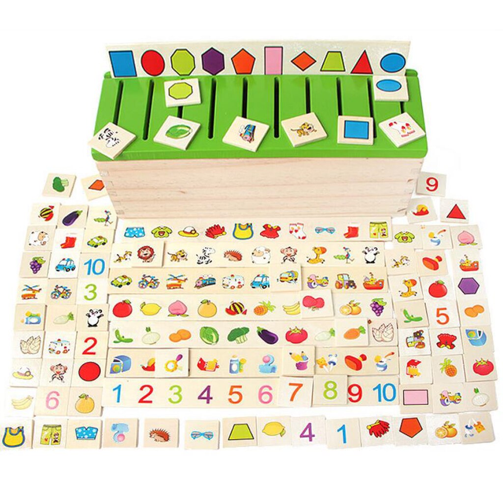 Caja clasificadora de madera con tapa clasificadora-8 categorías en Total 80 objetos juguetes para bebés
