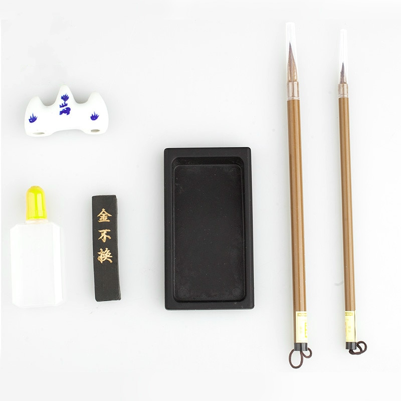 Chinese Calligraphy Pen Set Weasel Hair Ink Stick Ink Stone Calligraphy Brush Rest Box Set for the Beginners Caligrafia