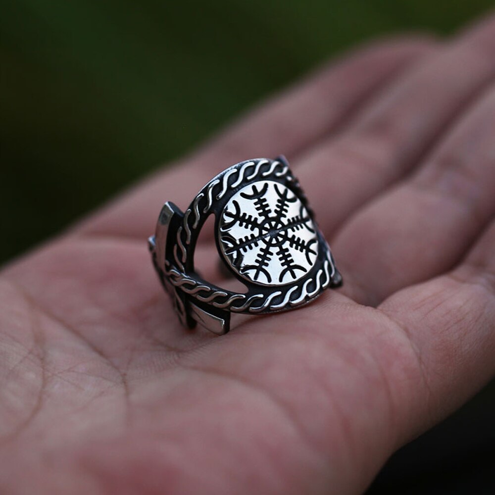 Bague boussole Viking pour hommes, en acier inoxydable, tampon nordique rétro, anneau d&#39;ouverture à la , motard, bijoux ,