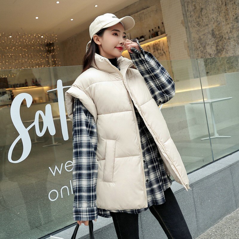 Lingwave grote maten herfst winter vest dames gilet losse mouwloze staande kraag jassen dikke warme vesten dames: Ivoor / Xl