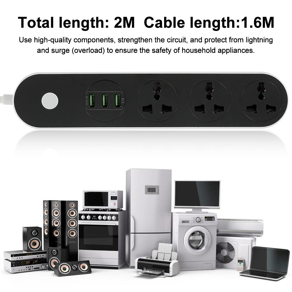Universal International Power Extension Socket Lead Cord 1.6 Meter 3 USB