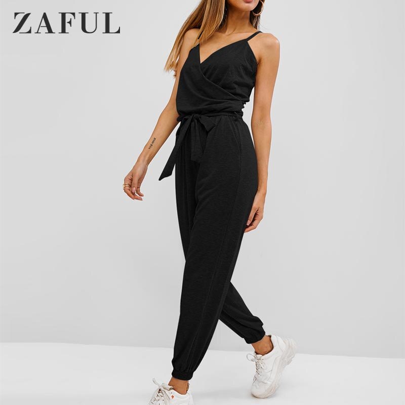 ZAFUL Women Jumpsuits Rompers Cami Belted Surplice Jogger Jumpsuit Solid V-Neck Loose Overalls Pants Casual Wear