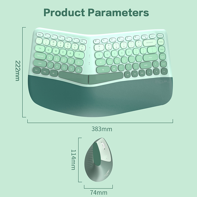 Mofii ergonomisk 2.4g trådløst delt tastaturmus-kombinasjon med håndleddsstøtte 1600 dpi trådløs vertikal mus for pc/bærbar/stasjonær datamaskin