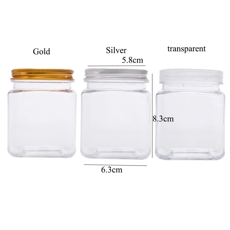 10pcs/lot 250ml Square Plastic Jar Plastic Storage Bottle For Food Candy Cookie Plastic Tube PET Bottle Gold Aluminum Lids