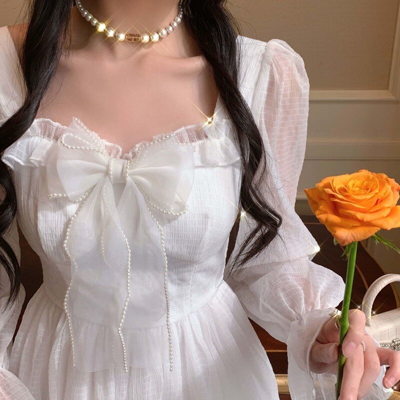QWEEK-vestido de princesa Kawaii Vintage para mujer, vestidos de con volantes blancos, ropa bonita