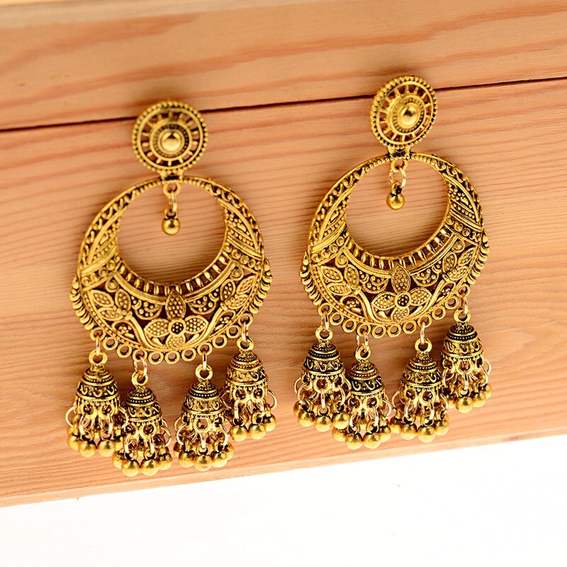 Ethnic Women&#39;s Silver Color Round Flower Hollow Jhumka Stud Earrings Boho Indian Jewelry Egypt Carved Tassel Earrings Femme