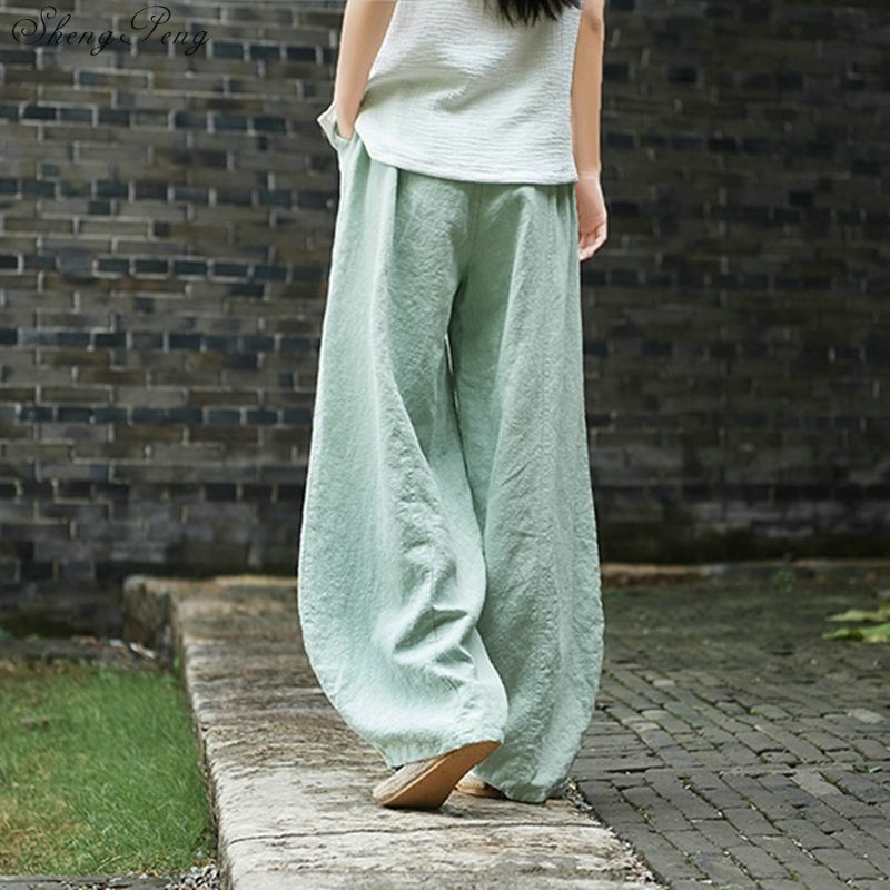 Pantalones de lino para mujer, ropa de lino para mujer, cintura elástica, cómoda, sólido, pierna ancha, blanco, talla libre, V1343