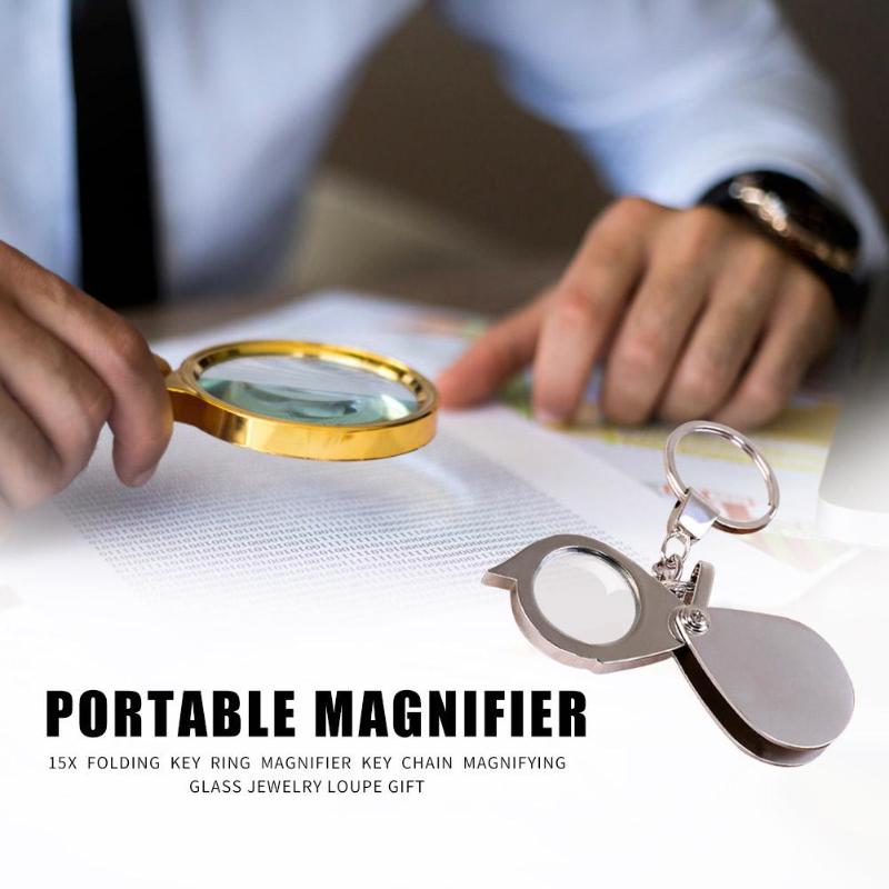 15X Magnifier Metallic Silver Foldable Portable Mini Exquisite Durable Keychain Glass Loupe Pocket Tool Supplies
