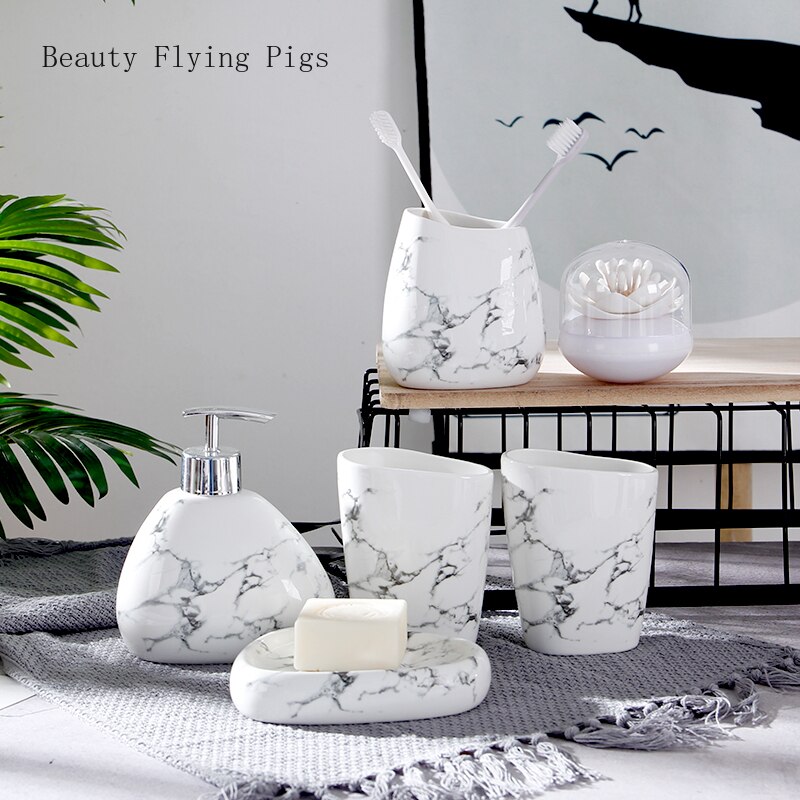 Marmer patroon bruiloft badkamer accessoires 5 delige set badkamer set zeepdispenser/tandenborstelhouder/cup/zeepbakje bad