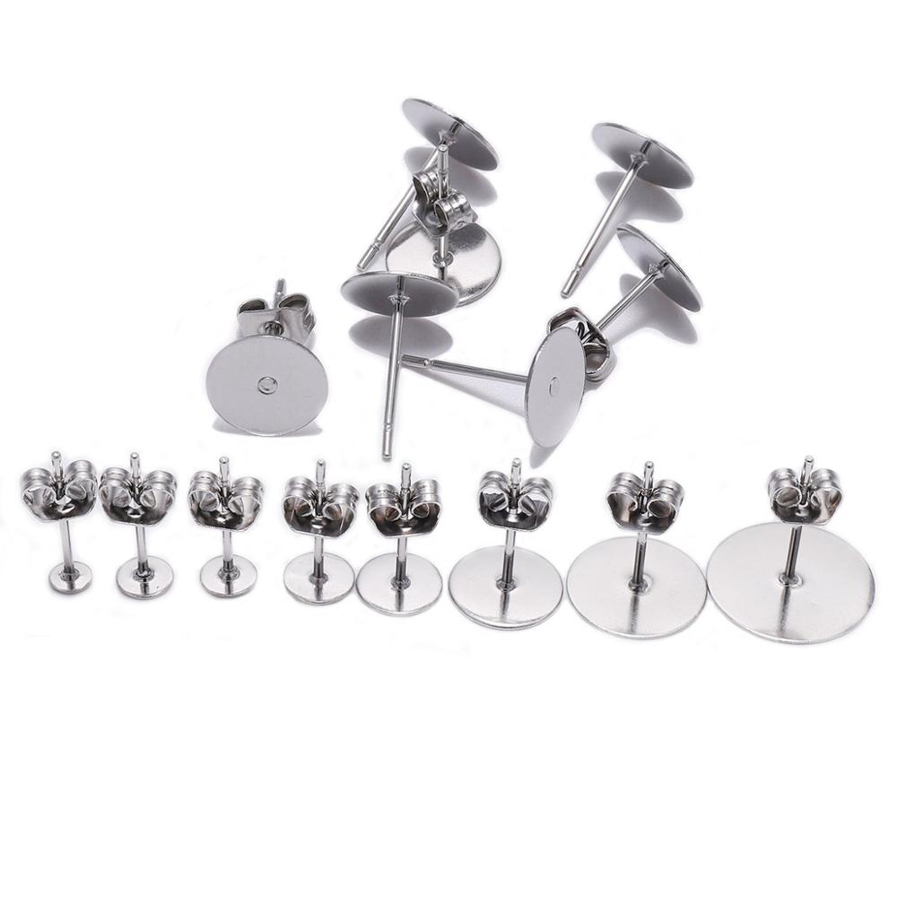 Lote de pendientes de poste de acero inoxidable blanco, 100 unidades, pasadores de Base con tapón para pendientes, reverso de oreja para joyería DIY, soporte de cabujón