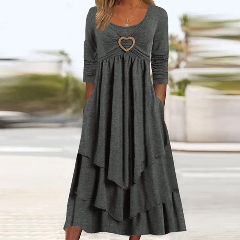Office Women Patchwork Pockets Midi Dress Round Neck Basic Solid Long Sleeve Dress Lady Casual Summer Ruffles Club Dress: M / Beige