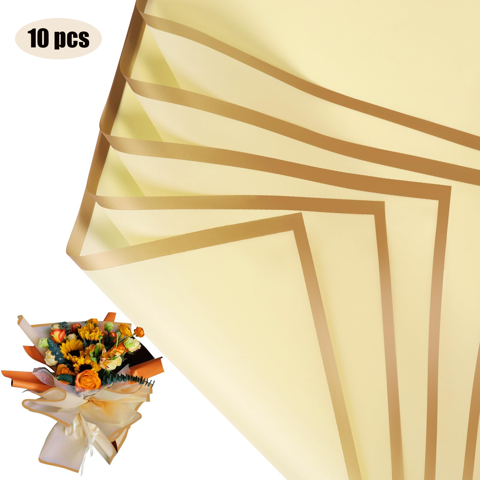 10 Sheets Flower Wrapping Paper with Golden Edges, Waterproof Bouquet Packaging - Ideal for DIY Weddings & Birthdays: light green