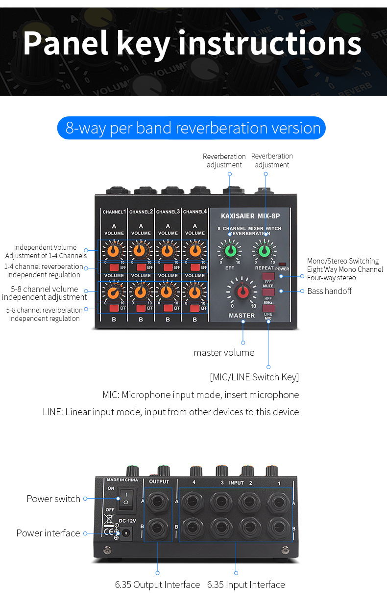 K-lied Zwarte MIX-8 Reverberator 8-way Reverberator Mini-kabel Mixer Mixer Mixer Microfoon Expander galm Microfoon