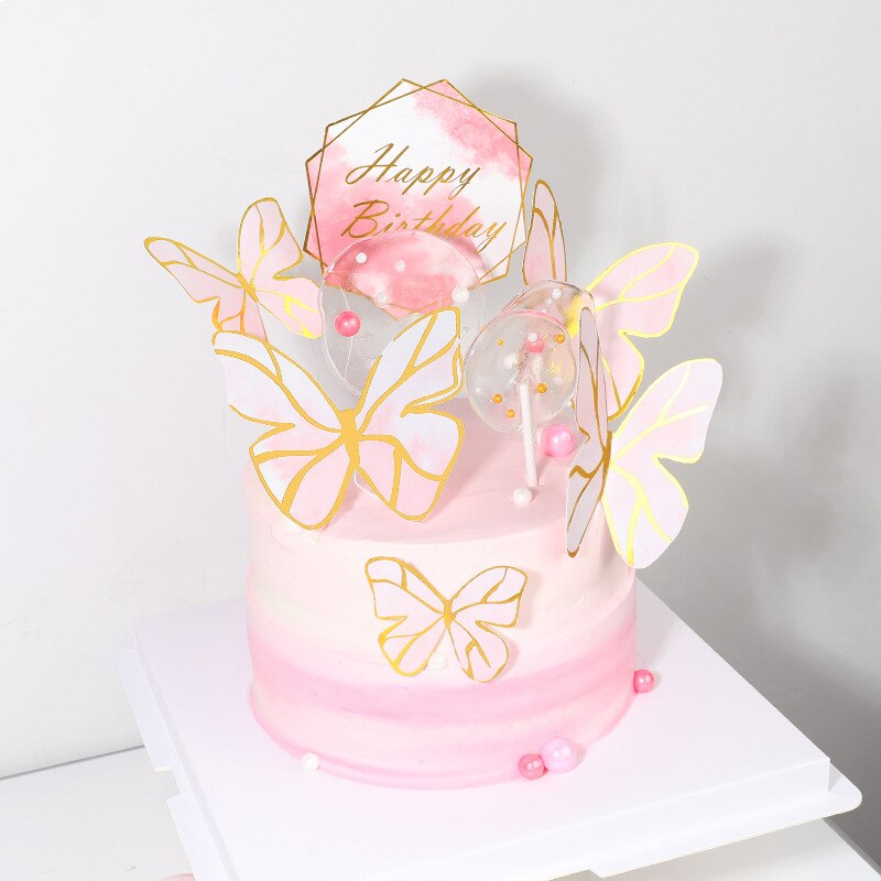 1 Set Roze Geschilderd Vlinder Thema Gelukkige Verjaardag Cake Topper Baby Shower Prinses Kids Gunsten Feestartikelen Candy Bar