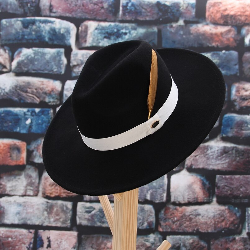 Gemvie stiv bred skygge 100%  uld fedora filthat til kvinder mand stribet fjerbånd efterår vinter panama jazz kasket