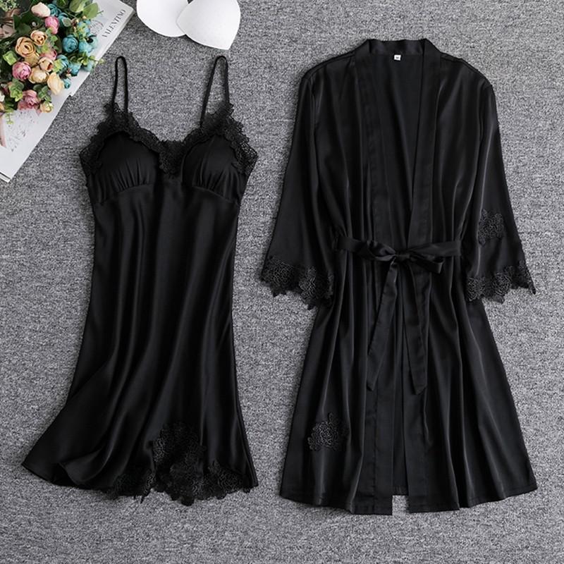 Wit Kant Bruid Bruidsmeisje Wedding Robe Set Vrouwen Zomer Nachtkleding Kimono Badjas Gown Losse Toevallige Slaap Pak Sexy Huis Jurk: Xl / Black Robe Set B