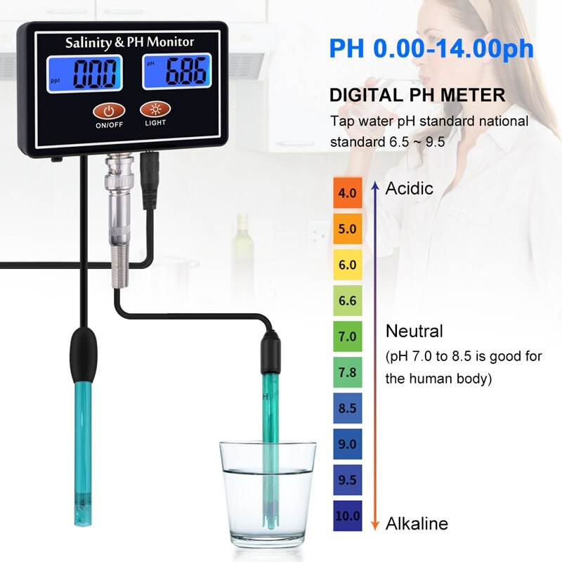 2in1 PH &amp; Salinity Monitor Digital Online LCD pH Salinity Meter for Aquarium Seawater Fish Tank pH Salt Water Tester