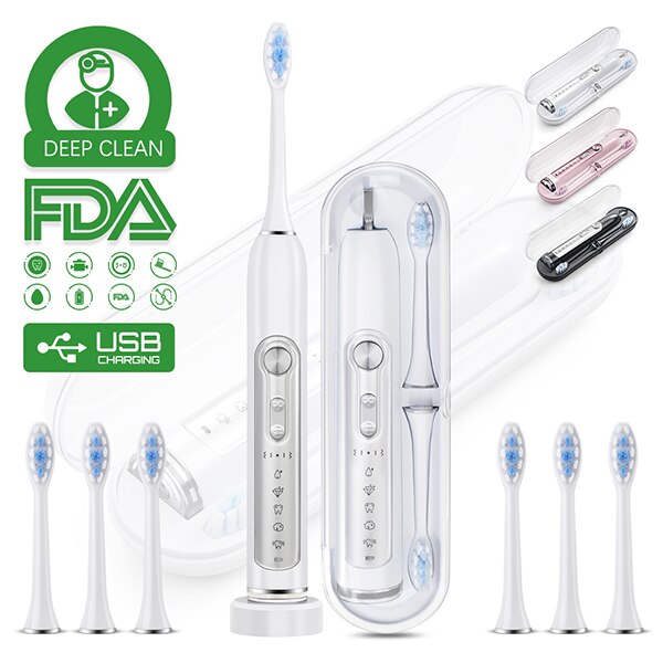 Brosse à dents électrique Sonic pour femme, MUTTUS MTS3800 étui de voyage activer, 6 têtes de brosse, 5 Modes 15 expérience de brossage