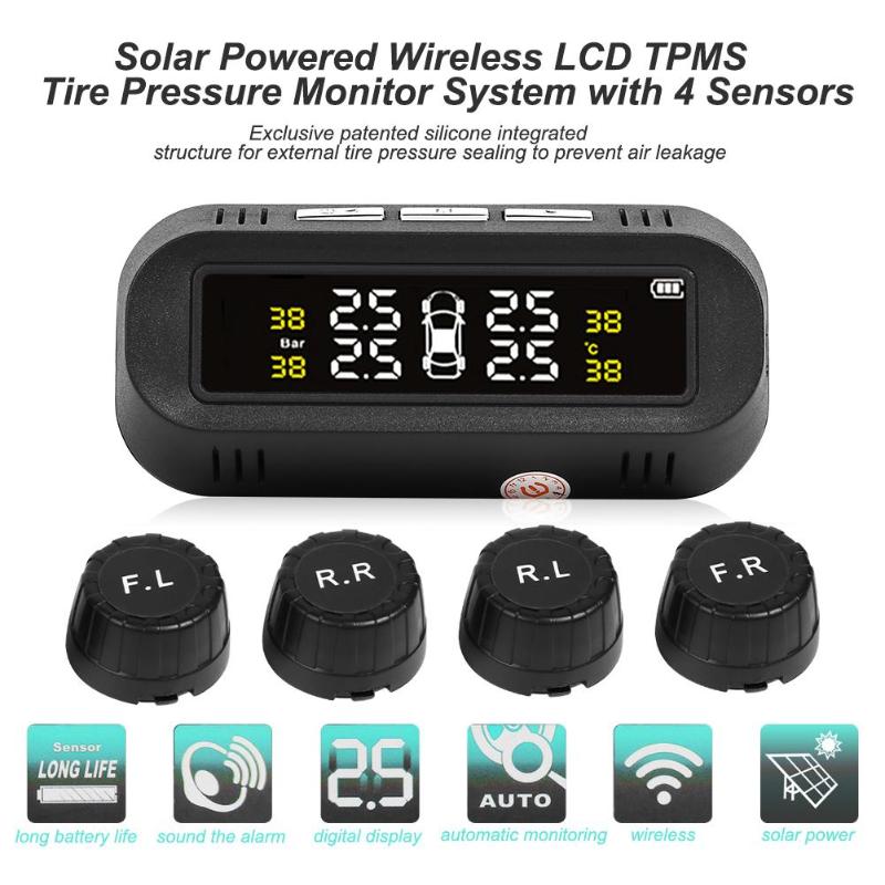 Alloysee c68 usb alta eficiência solar carro tpms monitor de pressão dos pneus sistema com 4 sensores externos acessórios eletrônicos do carro