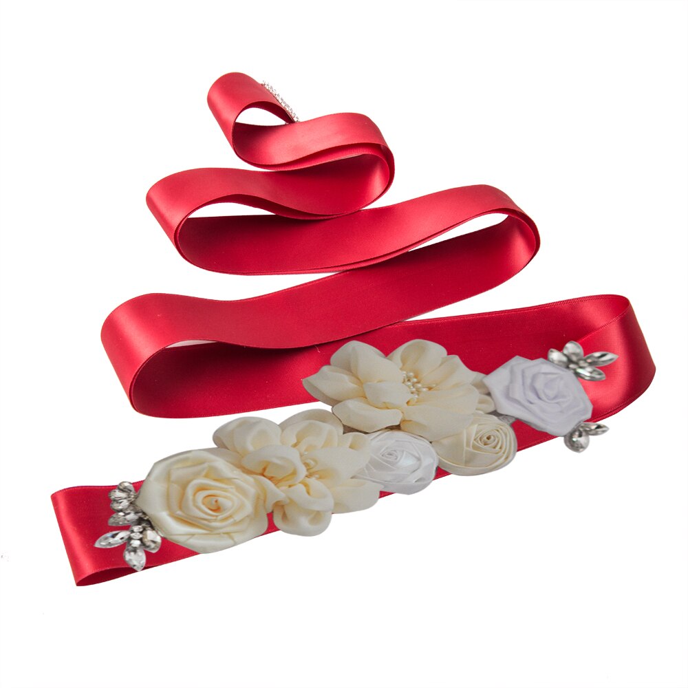 YouLaPan – ceinture de mariée en dentelle S320, faite à la main, avec des appliques de perles, des fleurs scintillantes, à la: Wine red ribbon
