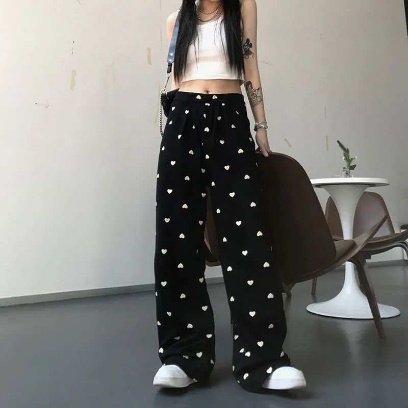 Harajuku imprimir perna larga calça verão moda sweatpants mulheres de cintura alta streetwear casual solto preto calças femininas