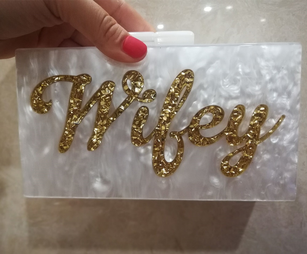 Naam Brief Wifey Avondtasje Met Ketting Schoudertas vrouwen Handtassen Portefeuilles Avondtasje Voor Wedding Party Acryl Box clutch