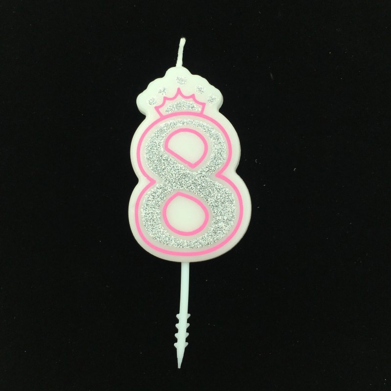 Bougie couleur argent chiffres brillant 0 à 9 ans pour gâteau joyeux anniversaire, couronne en forme de couronne pour mariage et fête pour enfants et adultes: Pink 8
