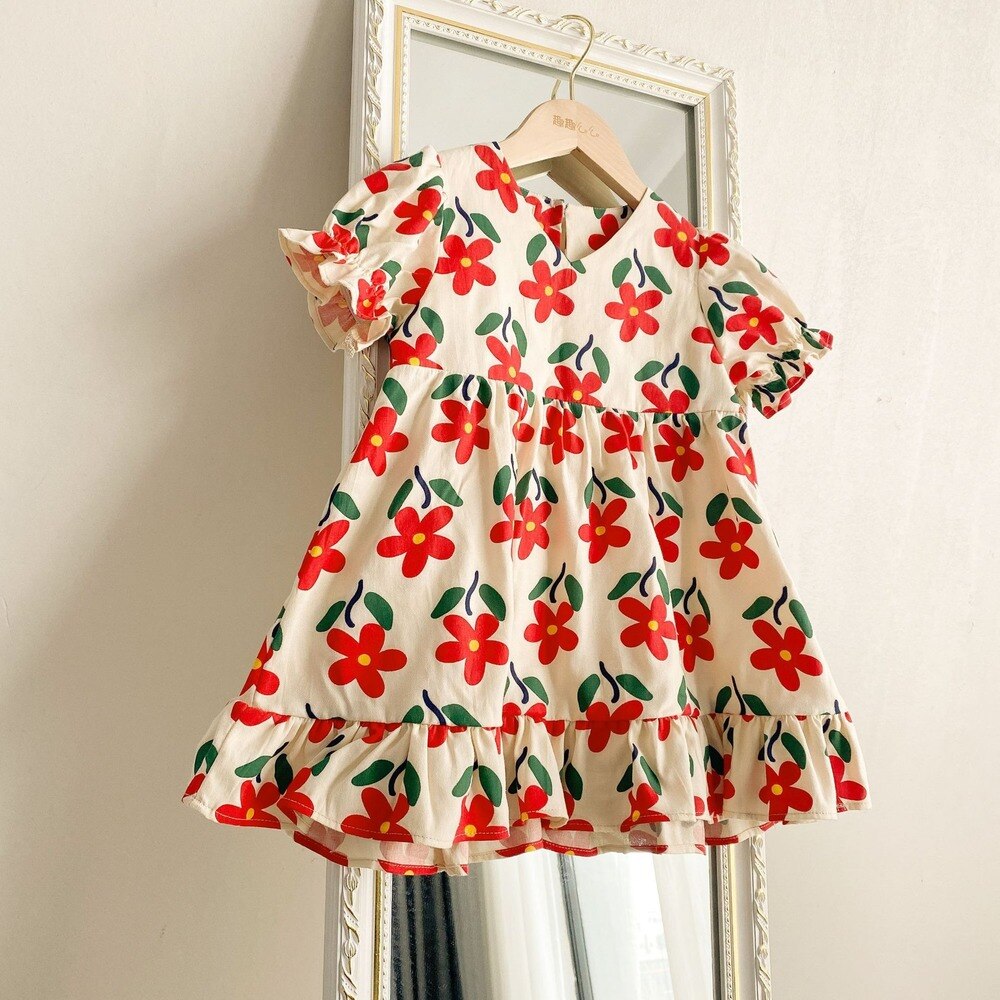 Abiti da bambina a maniche corte in cotone con stampa floreale carina per bambina 2-6Y