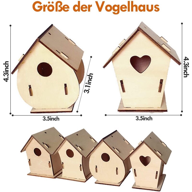 Children's Bird House Kit, 4 Pieces DIY Birdhouse for Painting Kit, Birdhouse Pigment Painting Unfinished Set