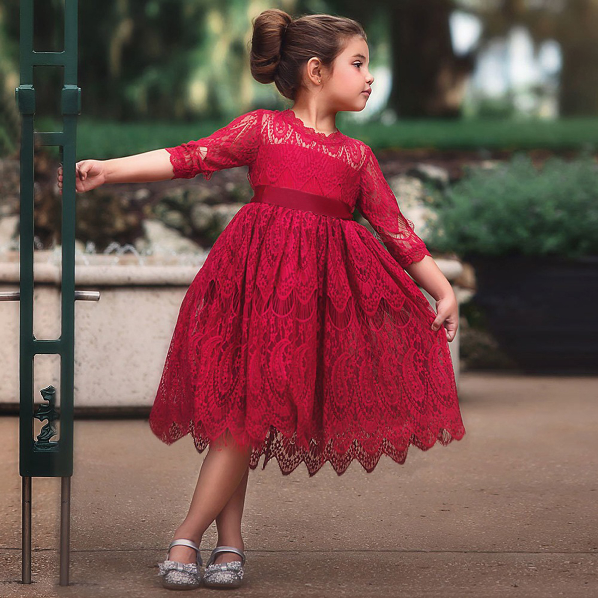 Mode Kanten Jurk Meisjes Bloem Prinses Mouwloze Formele Lange Mouwen Pretty Party Pageant Wedding Bruidsmeisje Jurk: A / 24M