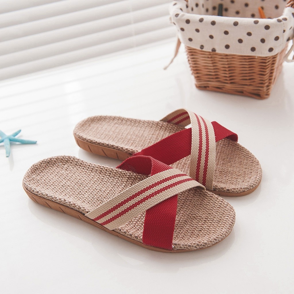 Chaussons pour femmes antidérapants lin maison intérieur bout ouvert chaussures plates pantoufles de plage chancletas verano mujer онееесесенаа# l30