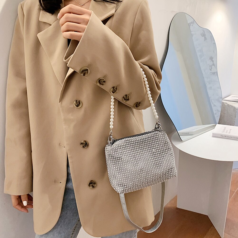 Shiny Rhinestone Crossbody Bag For Women Pearl Handle Tote Bags Female